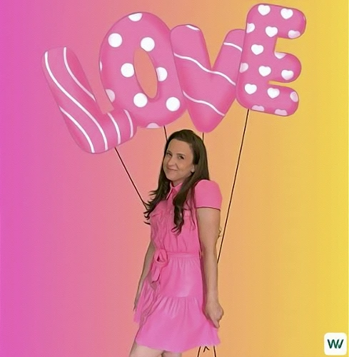 Miss Rachel is standing in a pink dress with love balloons in the background with pink gradient colors. result
